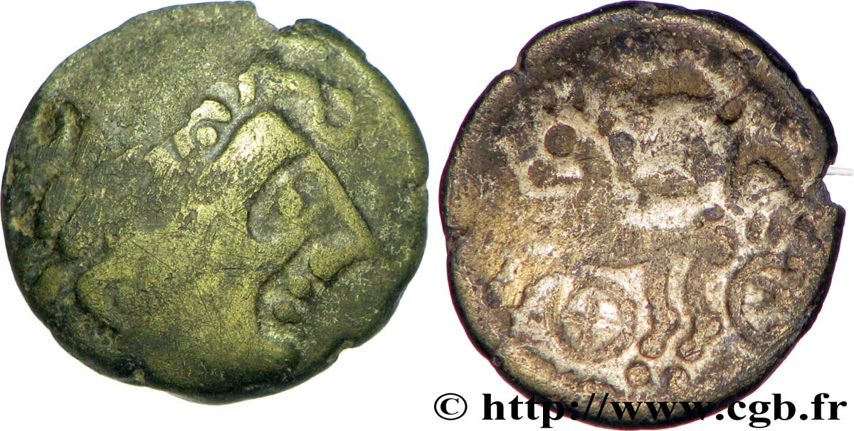 SÉQUANES - HELVÈTES, Incertaines (Suisse actuelle) Quart de statère au cheval et à la rouelle, char à gauche TB+/TTB