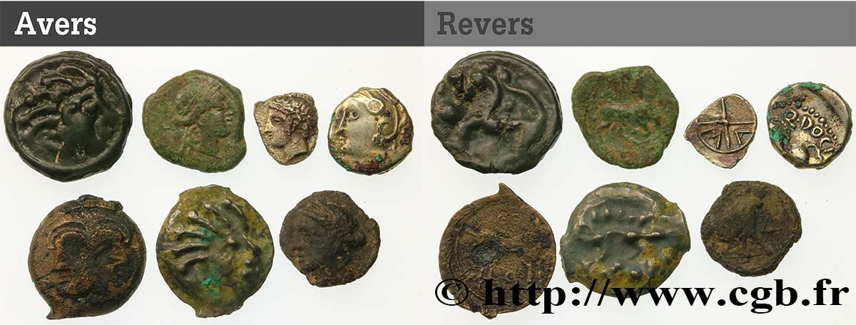 Gallia Lot de 2 potins, 3 bronzes, un denier et une obole lote