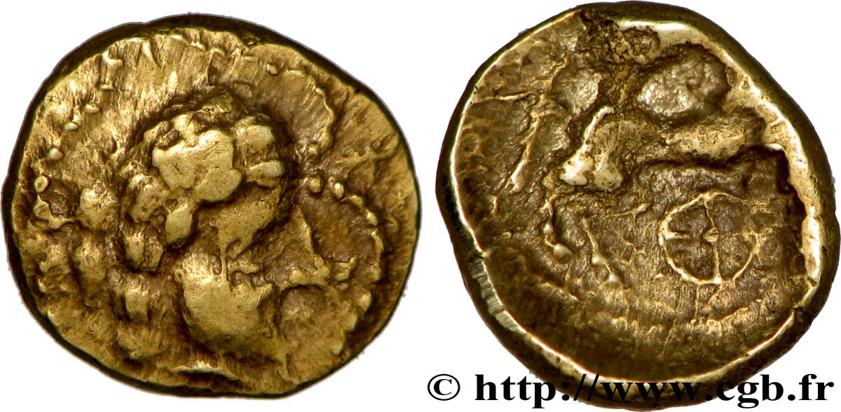 VENETI (Regione di Vannes) Quart de statère d’or “de Ploërmel”, à la rouelle à quatre rayons q.BB/MB