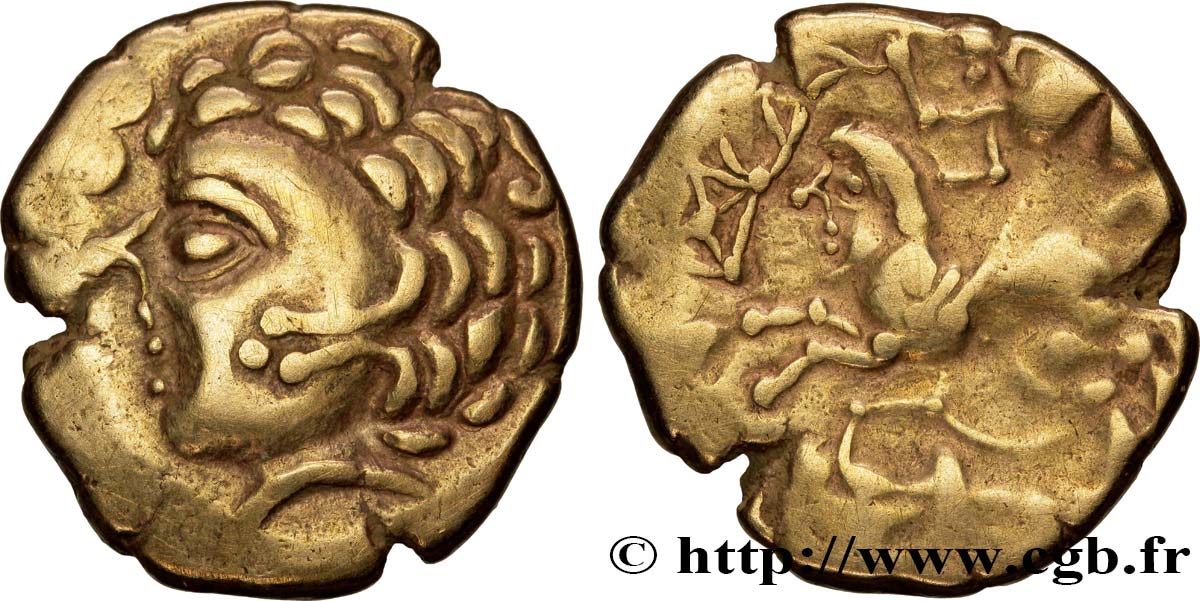 GALLIEN - AULERCI CENOMANI (Region die Mans) Statère d or au cheval androcéphale et au personnage allongé, aux deux armes fVZ
