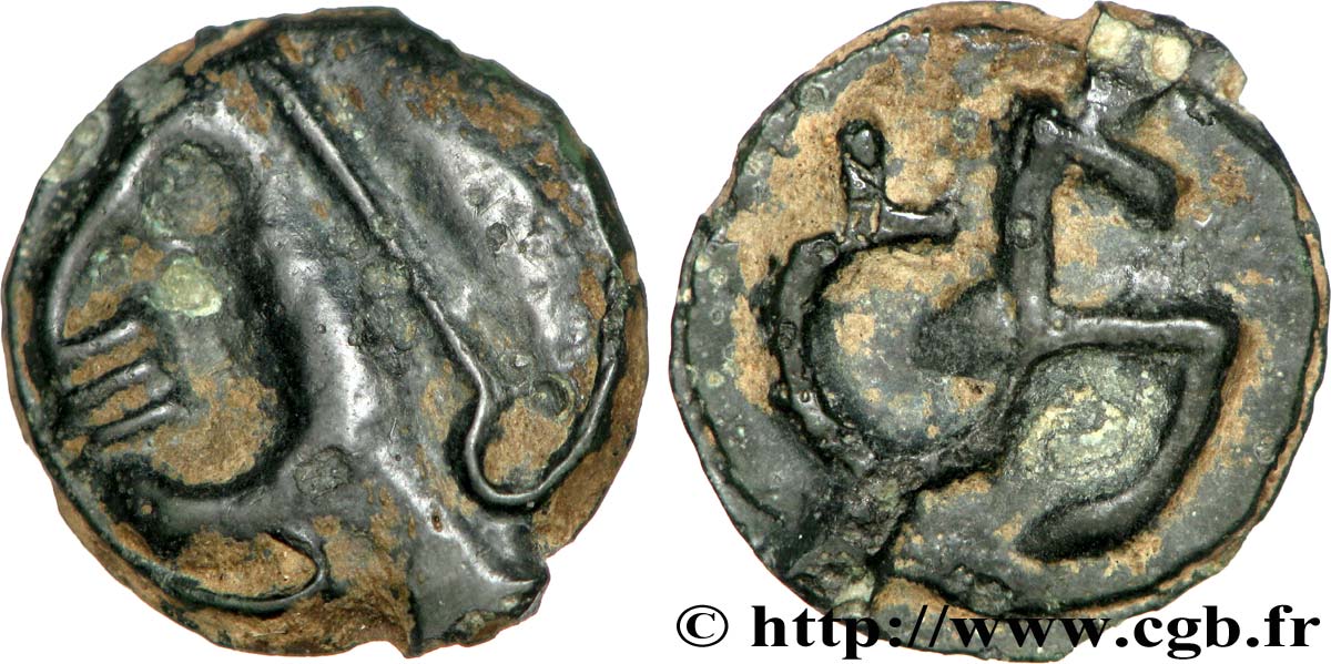 ÉDUENS (BIBRACTE, région du Mont-Beuvray) Potin à l’hippocampe, tête casquée TTB+