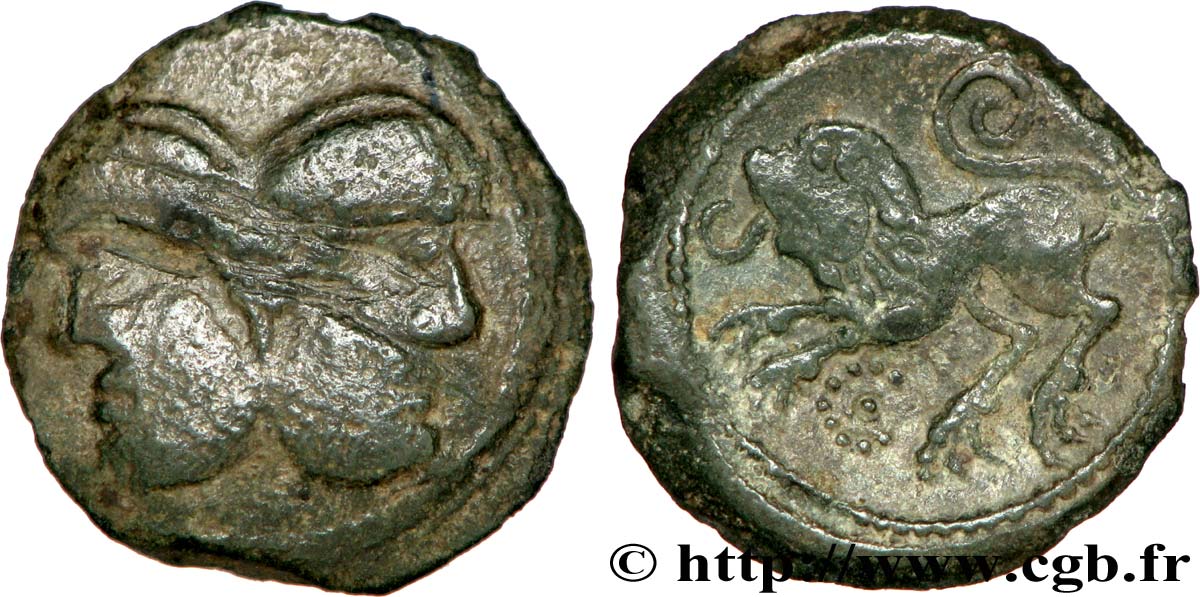 GALLIA BELGICA - SUESSIONES (Regione de Soissons) Bronze à la tête janiforme barbue, classe I q.BB/BB