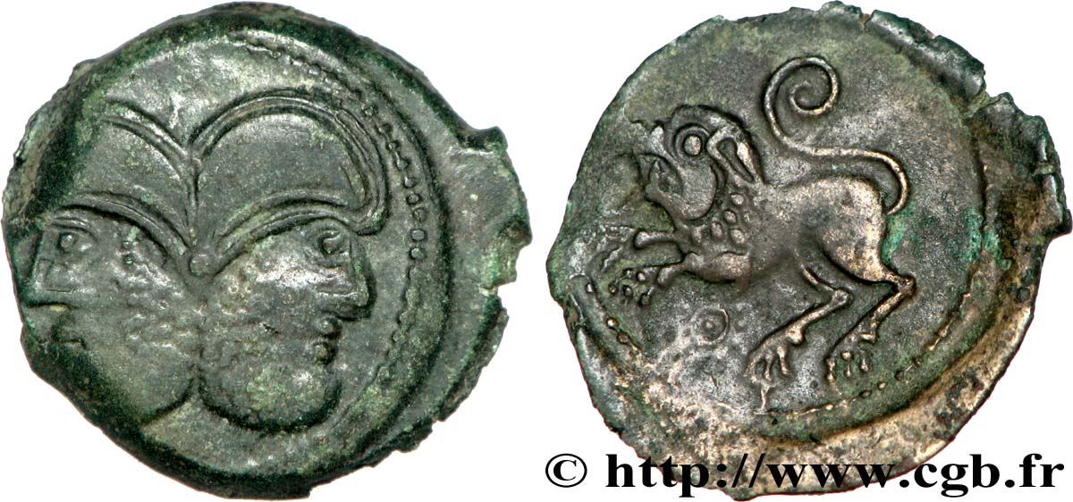 GALLIEN - BELGICA - SUESSIONES (Region die Soissons) Bronze à la tête janiforme barbue, classe I VZ/fVZ