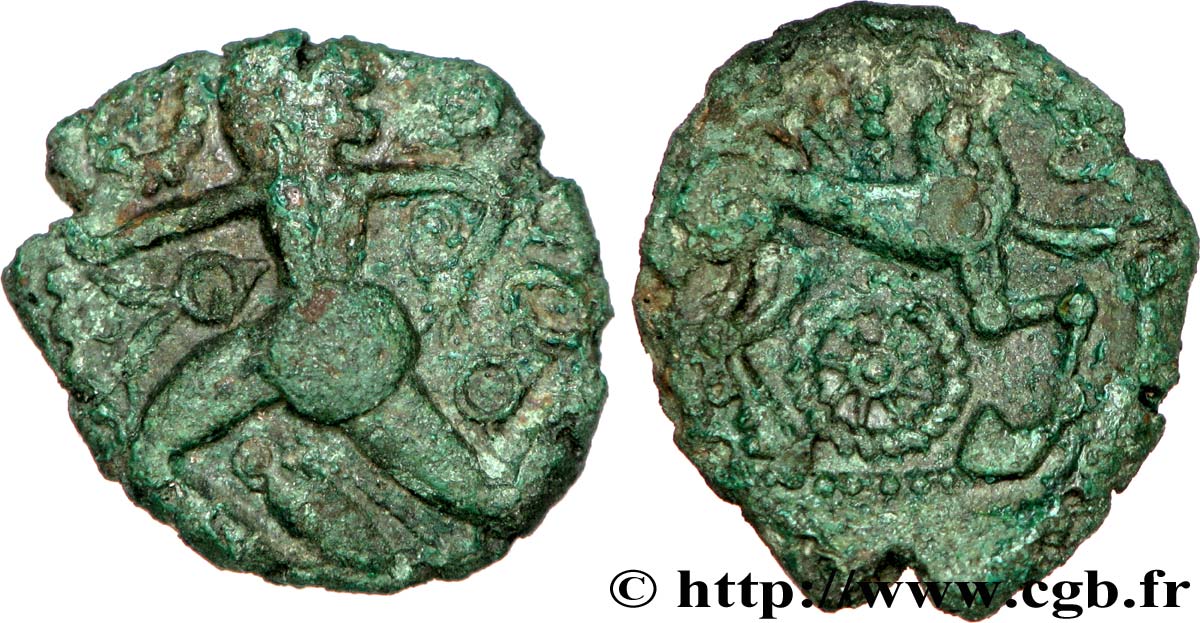 GALLIA - BELGICA - BELLOVACI (Región de Beauvais) Bronze au personnage courant, à l’oiseau et à la rouelle MBC+