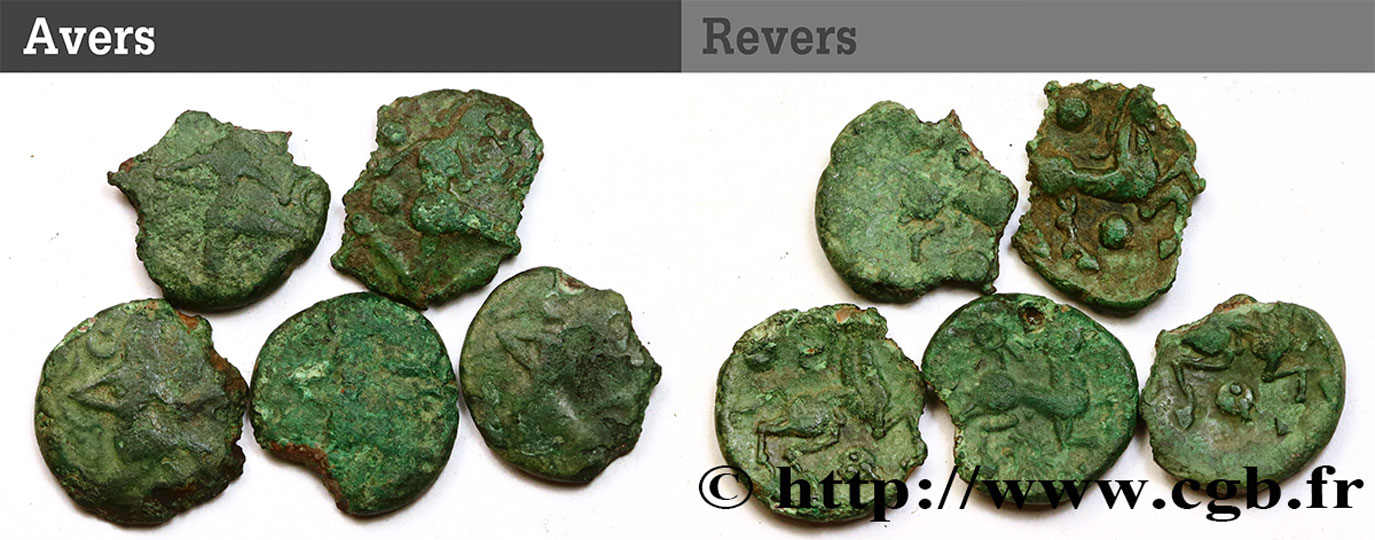 GALLIEN - BELGICA - BELLOVACI (Region die Beauvais) Lot de 5 bronzes au personnage courant et à l’androcéphale lot