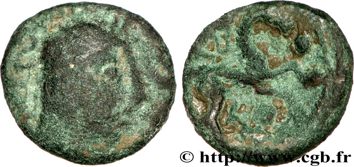 GALLIA BELGICA - AMBIANI (Región de Amiens) Bronze au cheval et à la tête aux cheveux calamistrés BC/BC+