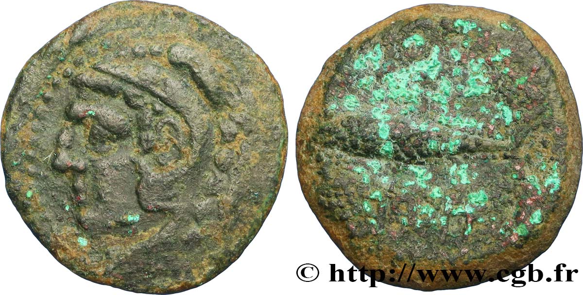HISPANIA - GADIR/GADES (Provincia of Cadiz) Calque de bronze à la tête de Melqart et au thon MBC/BC+
