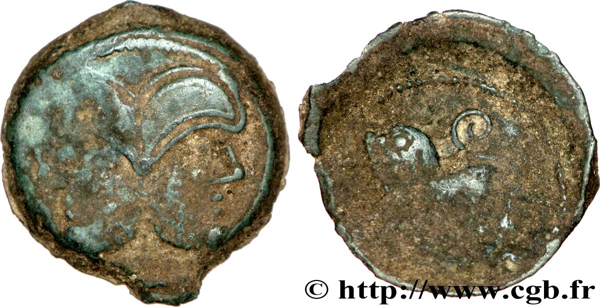 GALLIEN - BELGICA - SUESSIONES (Region die Soissons) Bronze à la tête janiforme barbue, classe I fSS