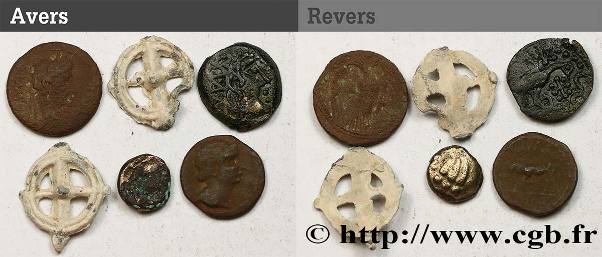 GALLO-BELGIAN - CELTICA Lot de 2 rouelles, 3 bronzes et 1 quart lotto