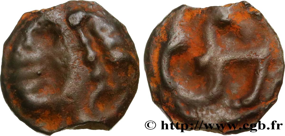 GALLIA - GALLIA DEL NORTE -ÆDUI (BIBRACTE, Región del Mont-Beuvray) Potin à l’hippocampe, tête à la chevelure bouletée MBC