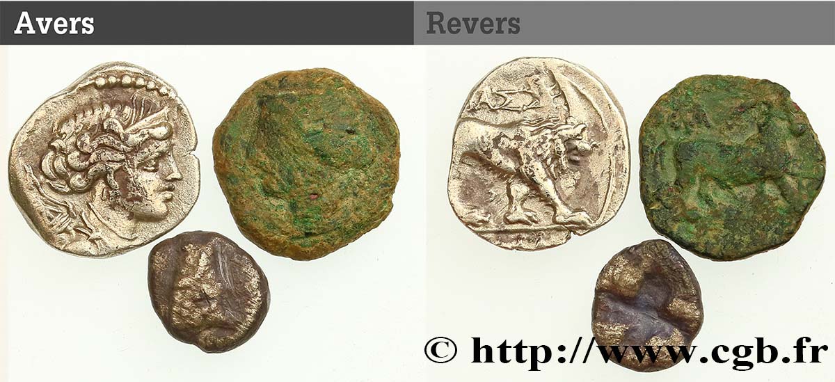 MASSALIA - MARSEILLE Lot de 1 drachme, une litra d’auriol et un petit bronze lot