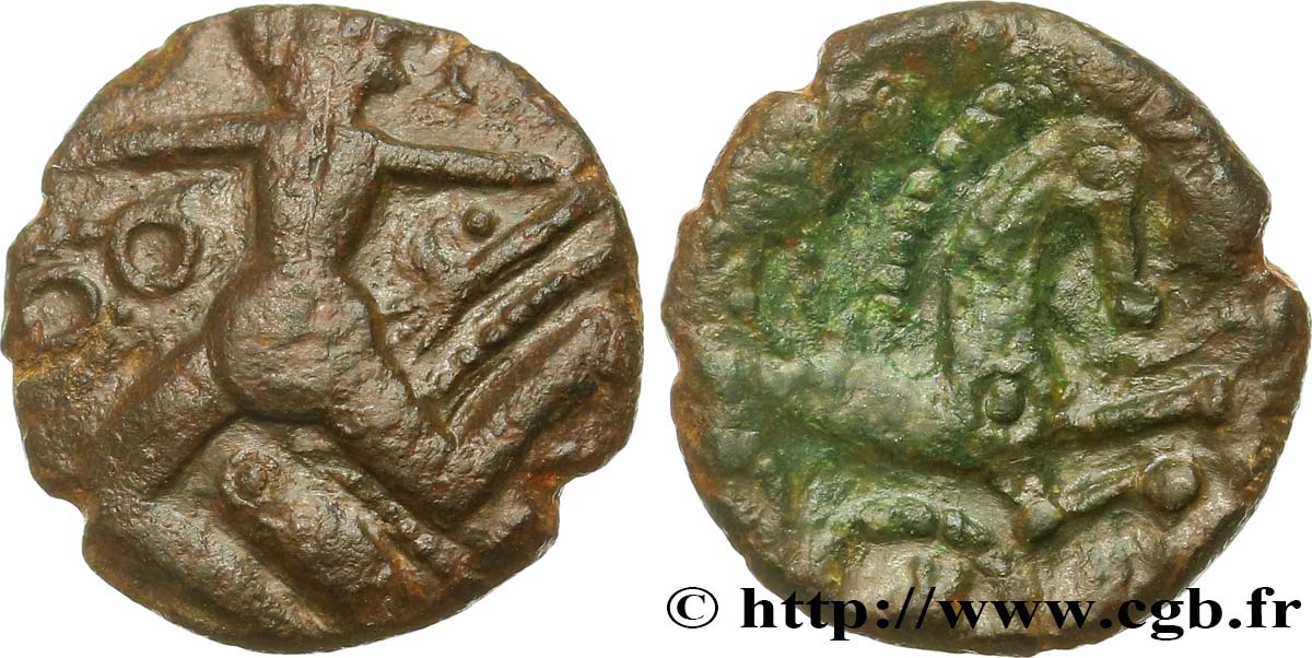 GALLIA - BELGICA - BELLOVACI (Regione di Beauvais) Bronze au personnage courant, à l’oiseau et à la rouelle BB