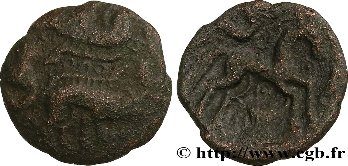 GALLIA BELGICA - AMBIANI (Región de Amiens) Bronze aux sangliers affrontés BC+