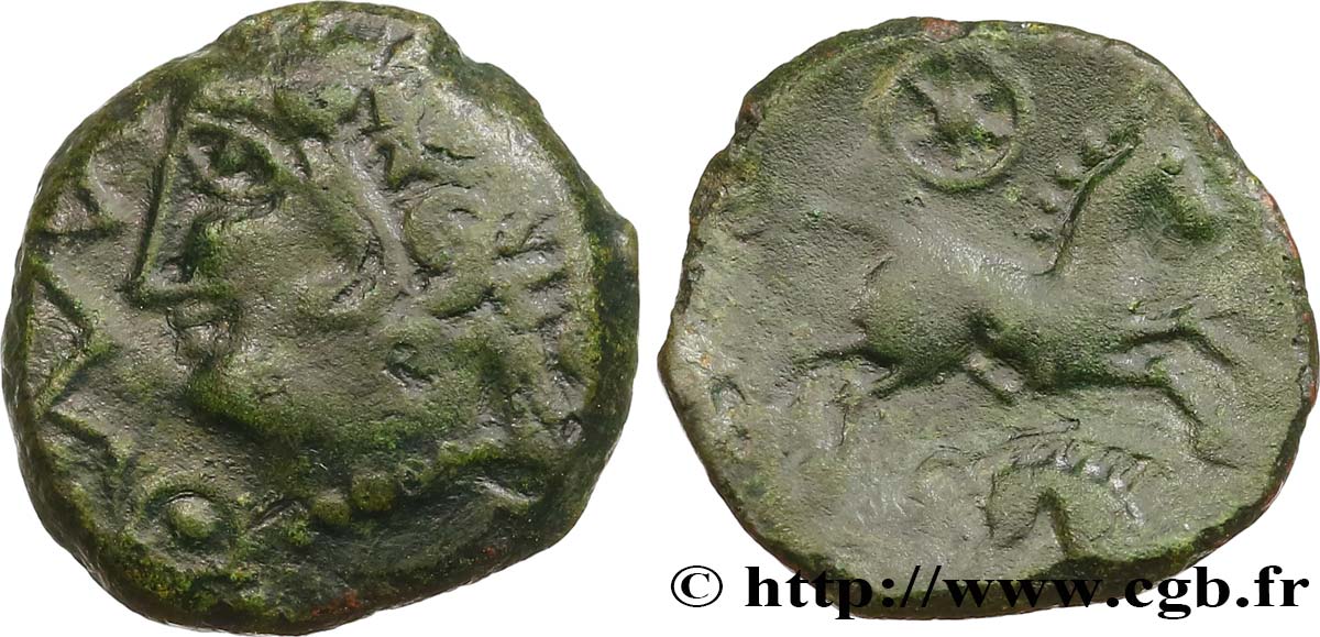 GALLIA - AULERCI EBUROVICES (Regione d Evreux) Bronze au cheval, au sanglier et à la rouelle, surfrappé sur un bronze COIIAT q.SPL