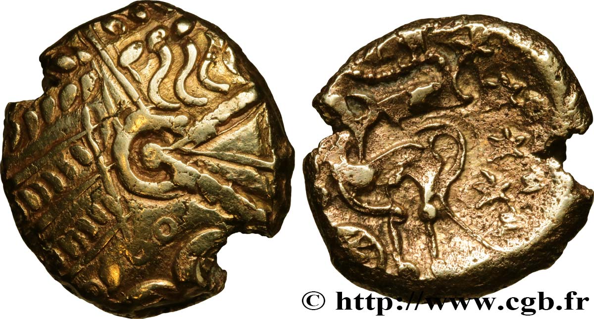 GALLIA BELGICA - SUESSIONES (Región de Soissons) Statère à l œil, stylisé - cheval à gauche, var. 5 BC+