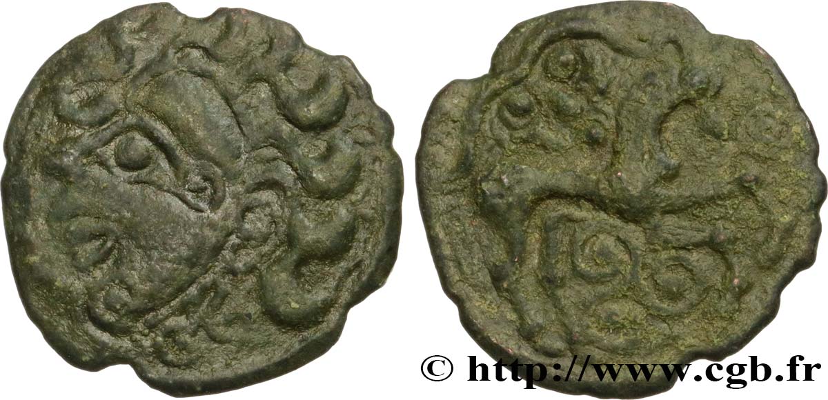 GALLIA BELGICA - AMBIANI (Regione di Amiens) Bronze au cheval, au masque et au triskèle BB