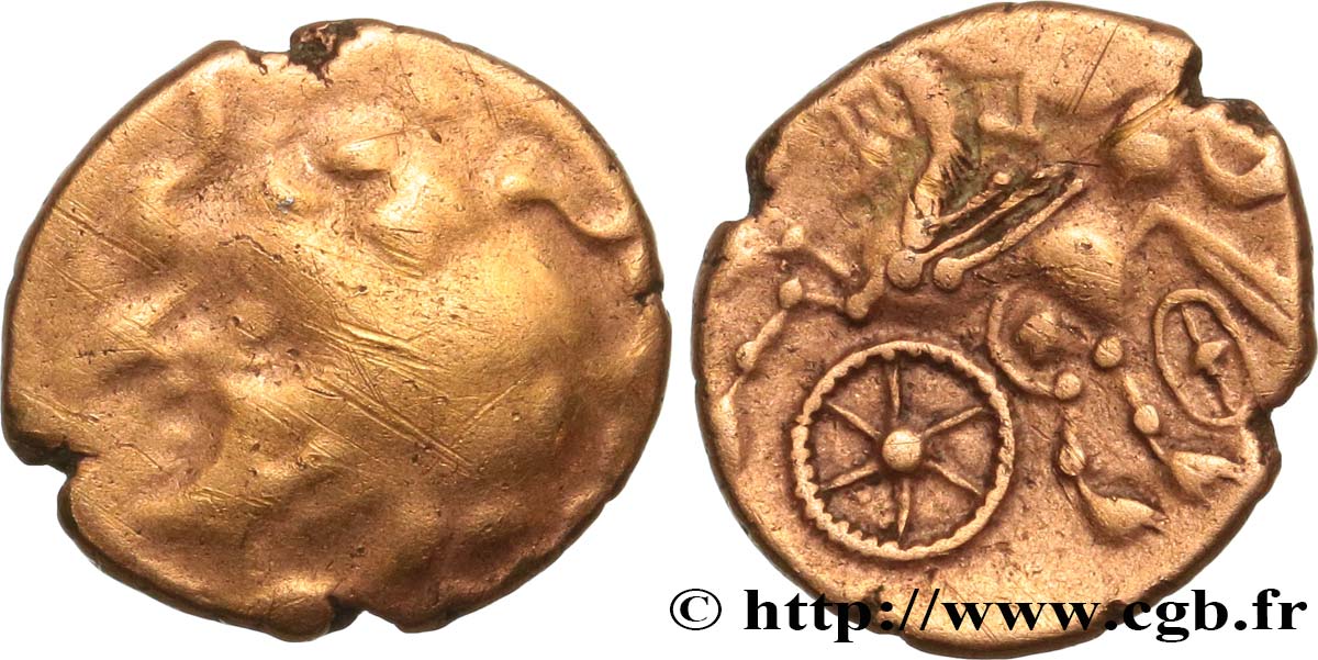 GALLIA - AULERCI CENOMANI (Regione di Mans) Quart de statère d or au cheval androcéphale et à la rouelle q.MB/q.SPL