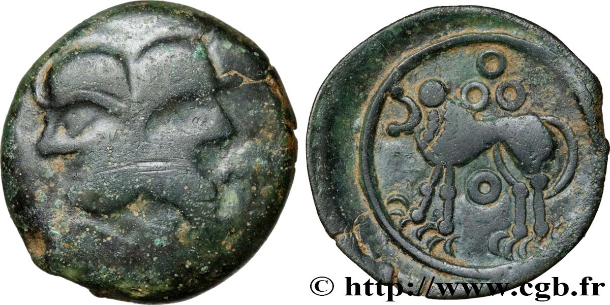 GALLIA BELGICA - SUESSIONES (Area of Soissons) Bronze à la tête janiforme, classe II aux annelets pointés XF/AU