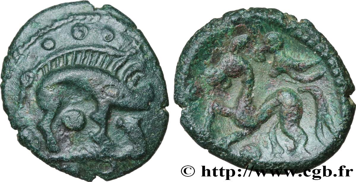 GALLIA BELGICA - AMBIANI (Area of Amiens) Bronze au sanglier et au cheval surmonté d’un oiseau, “type des dépôts d’Amiens” AU