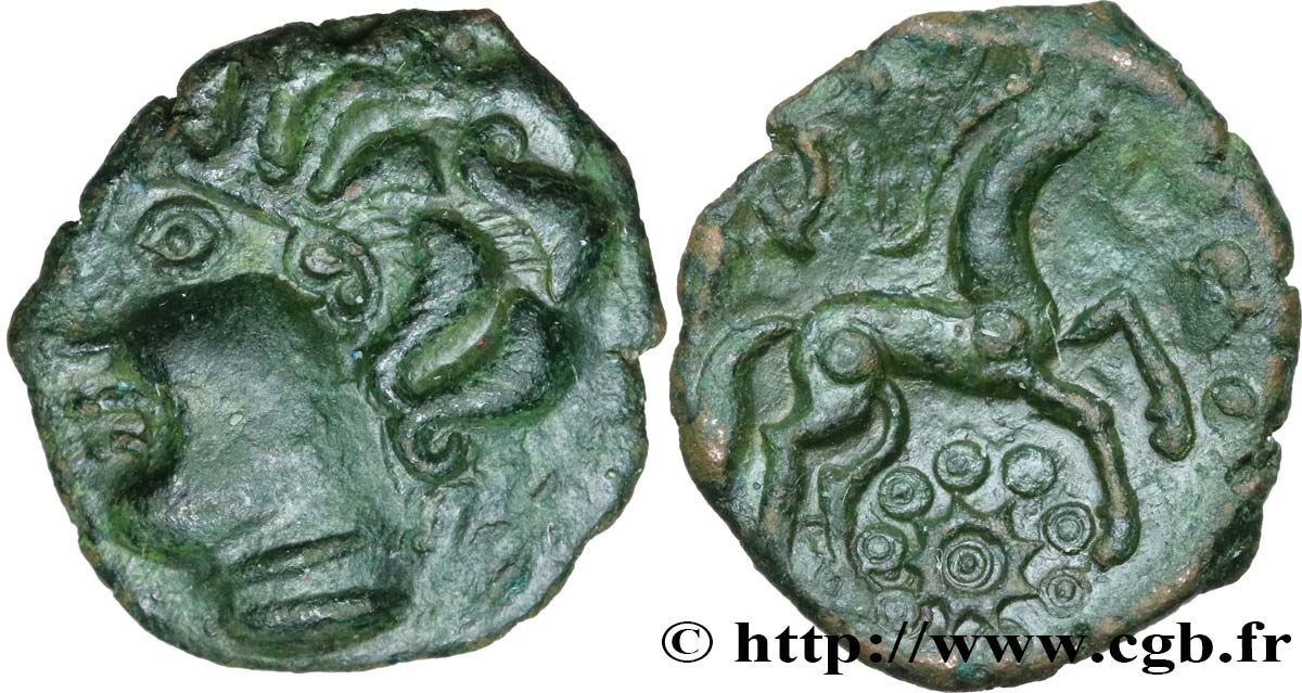 GALLIA BELGICA - AMBIANI (Región de Amiens) Bronze à la tête humaine et au cheval SC