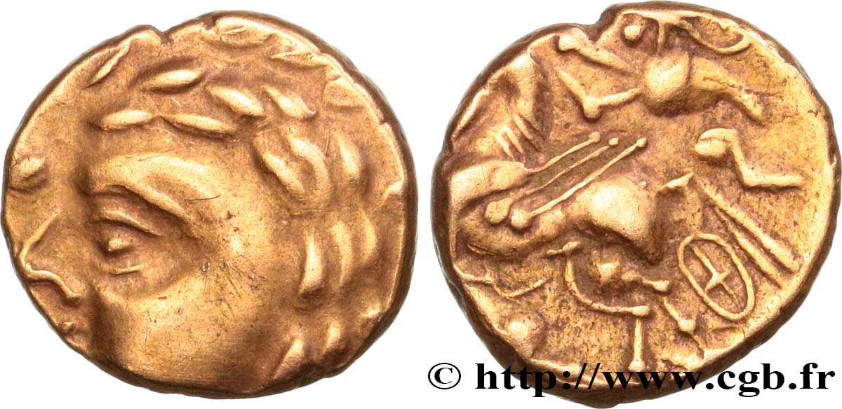 GALLIA - AULERCI CENOMANI (Regione di Mans) Quart de statère d or au cheval androcéphale et à la rouelle SPL