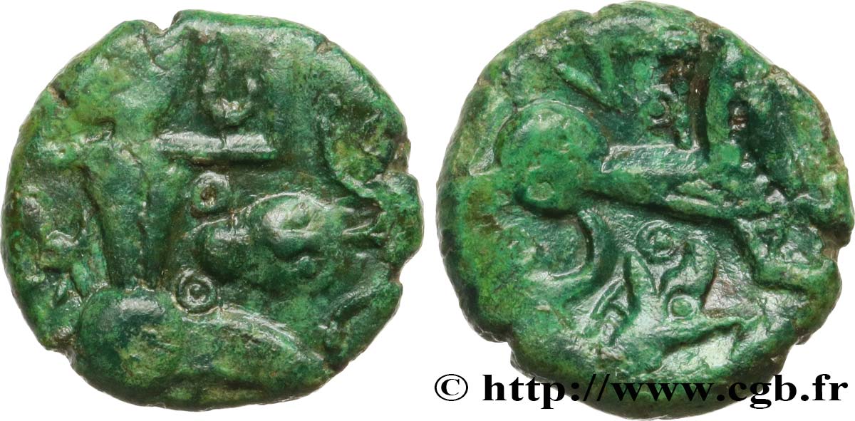 GALLIEN - BELGICA - BELLOVACI (Region die Beauvais) Bronze au personnage courant, aux sangliers et à la tête coupée fVZ