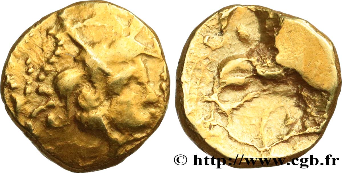 VENETI (Region die Vannes) Quart de statère d’or “de Ploërmel”, à la rouelle à quatre rayons SS/S