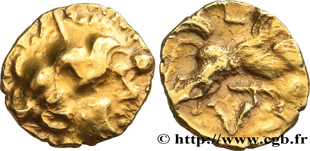 VÉNÈTES (Région de Vannes) Quart de statère d’or à la tête composite, au personnage ailé TTB+