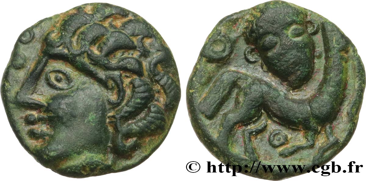GALLIA BELGICA - AMBIANI (Area of Amiens) Bronze au cheval et à la tête de face AU/AU