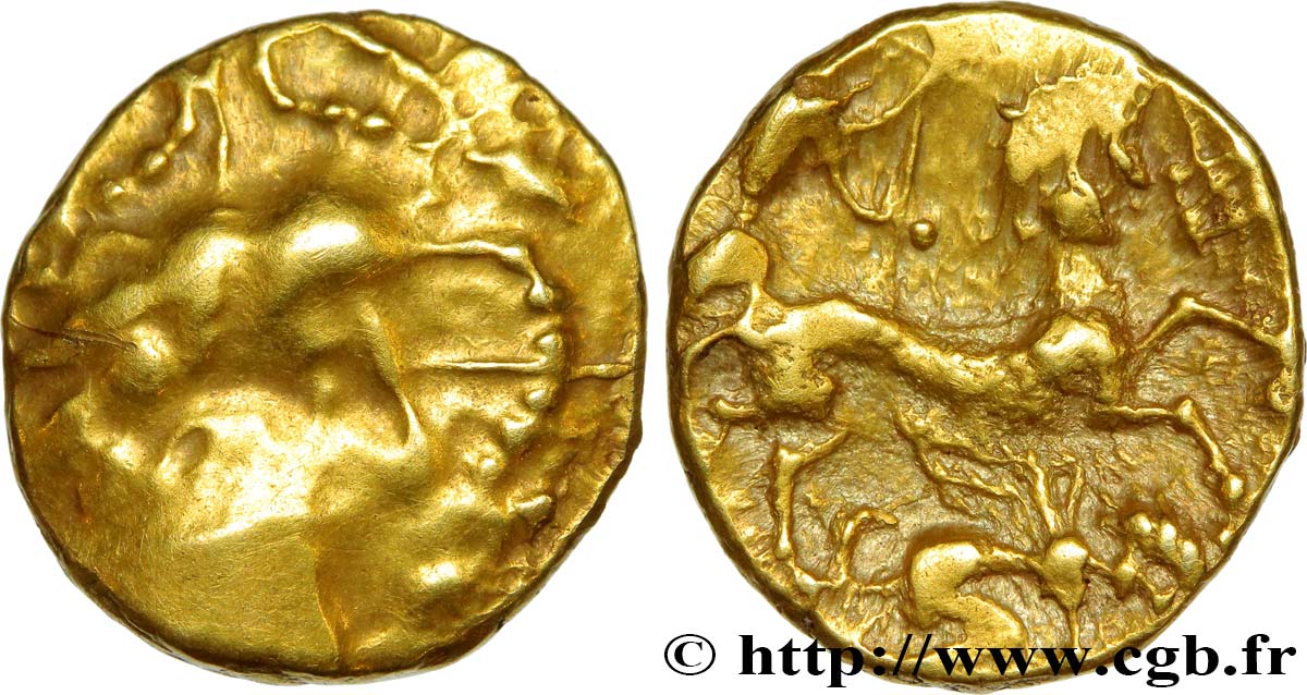VENETI (Regione di Vannes) Quart de statère d’or à la tête composite, au personnage ailé q.SPL
