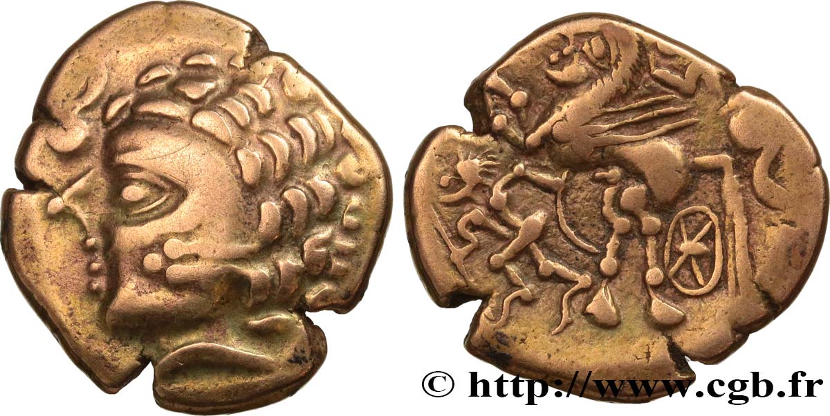 GALLIA - AULERCI CENOMANI (Regione di Mans) Statère d or au cheval androcéphale et au personnage allongé, aux deux armes q.SPL