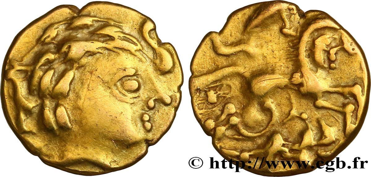 GALLIA - AULERCI CENOMANI (Regione di Mans) Quart de statère d or au cheval androcéphale et au personnage allongé SPL