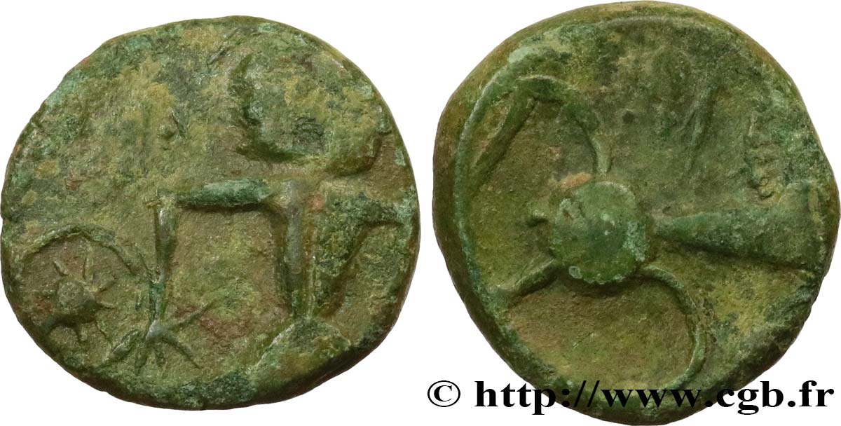 BELLOVAQUES (Région de Beauvais) Bronze au personnage courant, avers à la rouelle TTB