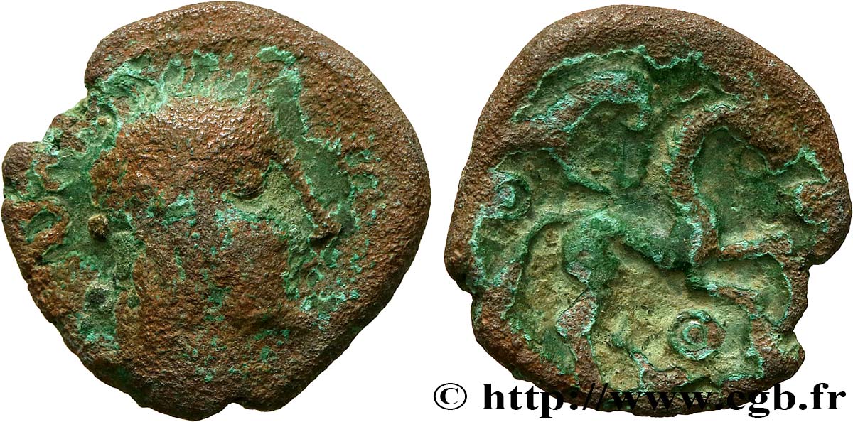 GALLIEN - BELGICA - AMBIANI (Region die Amiens) Bronze au cheval et à la tête aux cheveux calamistrés fSS