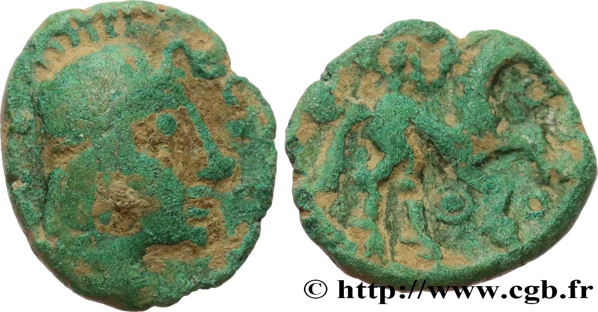 GALLIA BELGICA - AMBIANI (Región de Amiens) Bronze au cheval et à la tête aux cheveux calamistrés MBC
