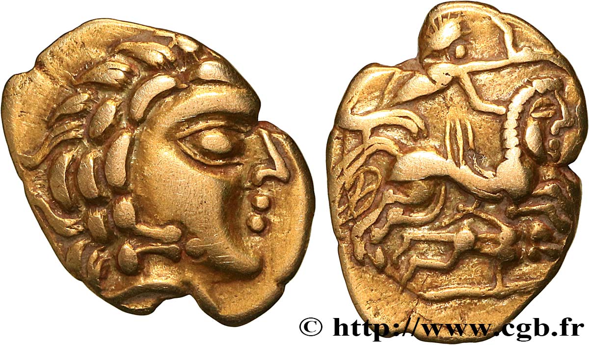 GALLIA - AULERCI CENOMANI (Región de Mans) Quart de statère d or au cheval androcéphale et au personnage allongé EBC