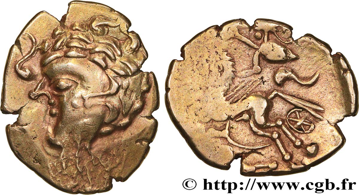 GALLIA - AULERCI CENOMANI (Regione di Mans) Statère d or au cheval androcéphale et au personnage allongé, aux deux armes  q.SPL/BB