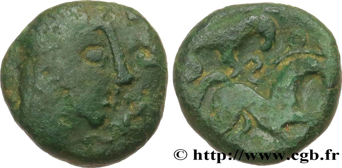 GALLIA BELGICA - AMBIANI (Región de Amiens) Bronze au cheval et à la tête aux cheveux calamistrés BC