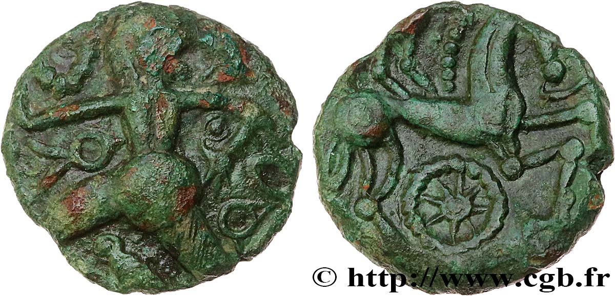 GALLIEN - BELGICA - BELLOVACI (Region die Beauvais) Bronze au personnage courant, à l’oiseau et à la rouelle fVZ