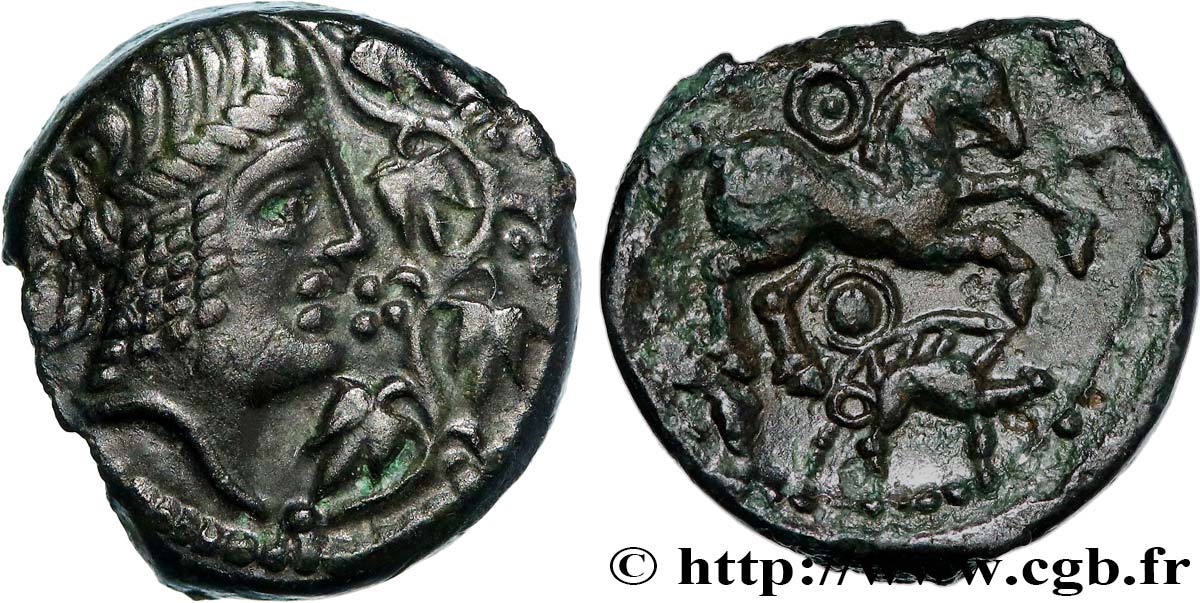 GALLIEN - AULERCI EBUROVICES (Region die Évreux) Bronze à la tête d’Apollon et à la treille de vigne VZ/fVZ