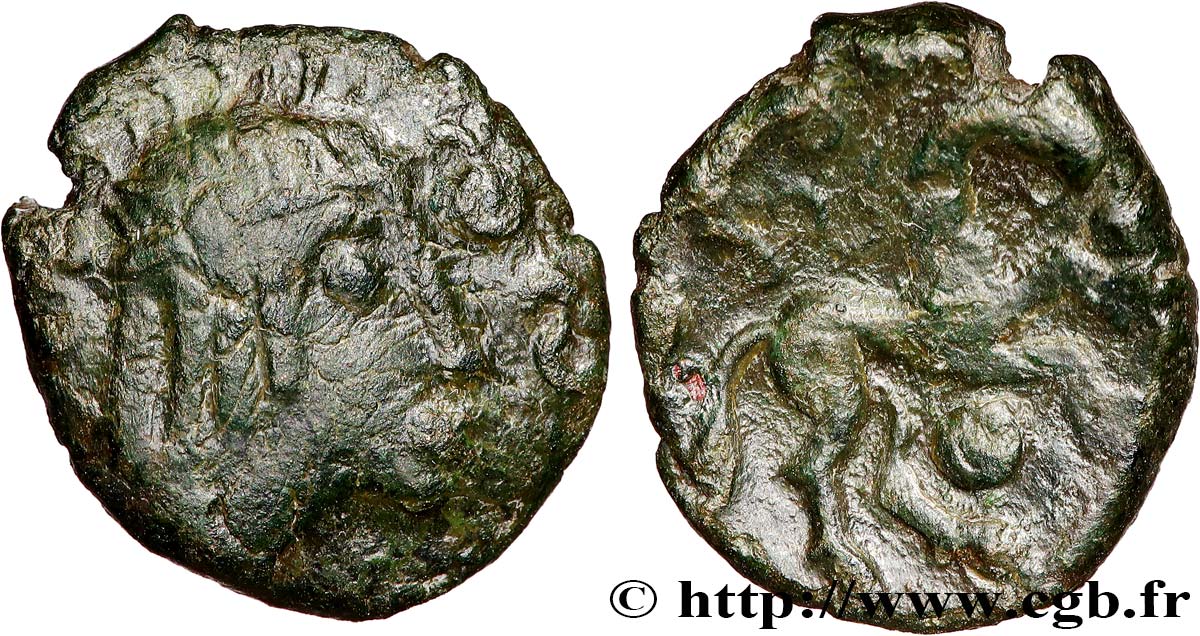 GALLIA BELGICA - AMBIANI (Area of Amiens) Bronze au cheval et à la tête aux cheveux calamistrés XF
