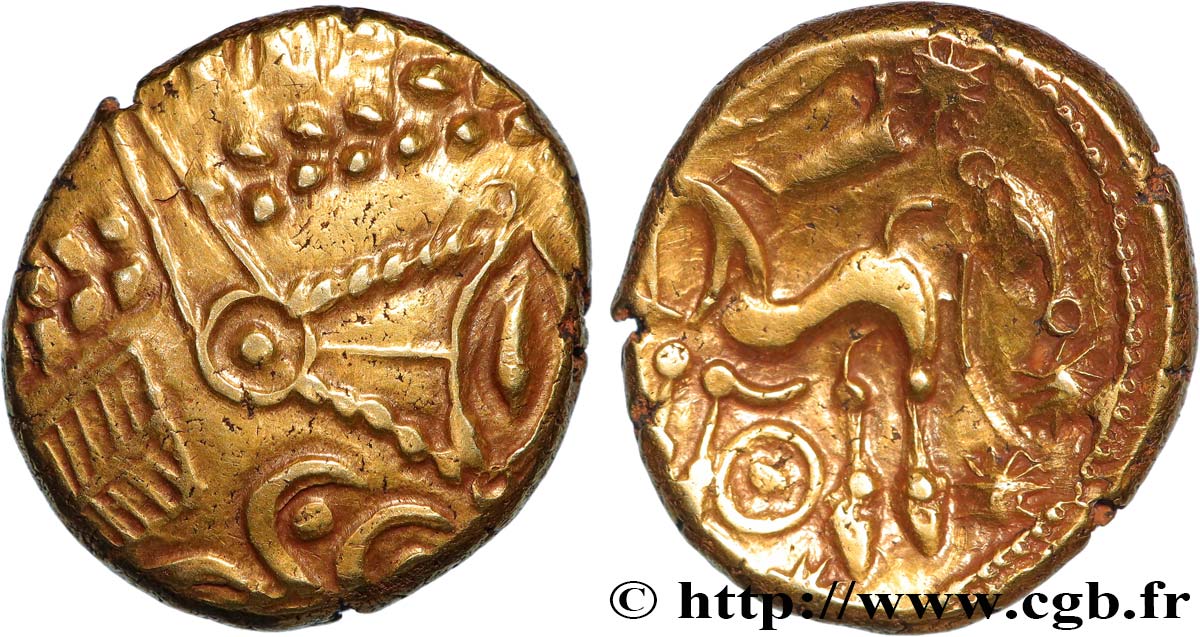 GALLIA BELGICA - SUESSIONES (Región de Soissons) Statère à l œil, stylisé - cheval à gauche, var. 5 EBC