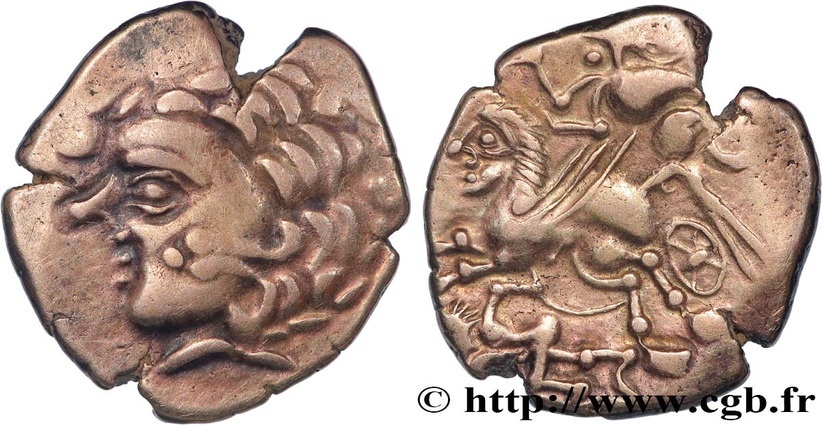 GALLIA - AULERCI CENOMANI (Regione di Mans) Statère d or au cheval androcéphale et au personnage allongé, aux deux armes  q.SPL/SPL