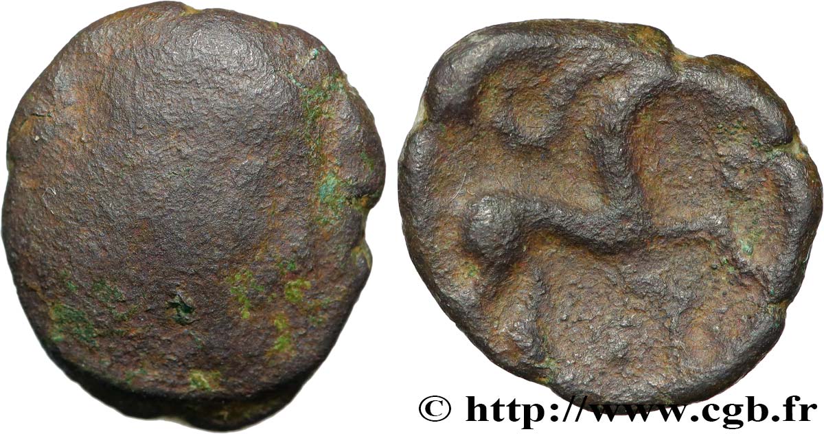 GALLIA BELGICA - AMBIANI (Area of Amiens) Bronze au cheval et à la tête aux cheveux calamistrés VG/VF