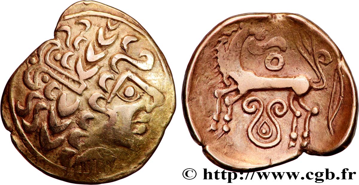 GALLIA BELGICA - LEUCI (Area of Toul) Statère d’or au cheval retourné, série B, variété avec annelet AU/AU
