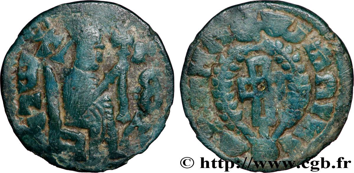 AXOUM - ROYAUME AXOUMITE - ARMAH Monnaie de bronze au roi trônant et à la croix TTB