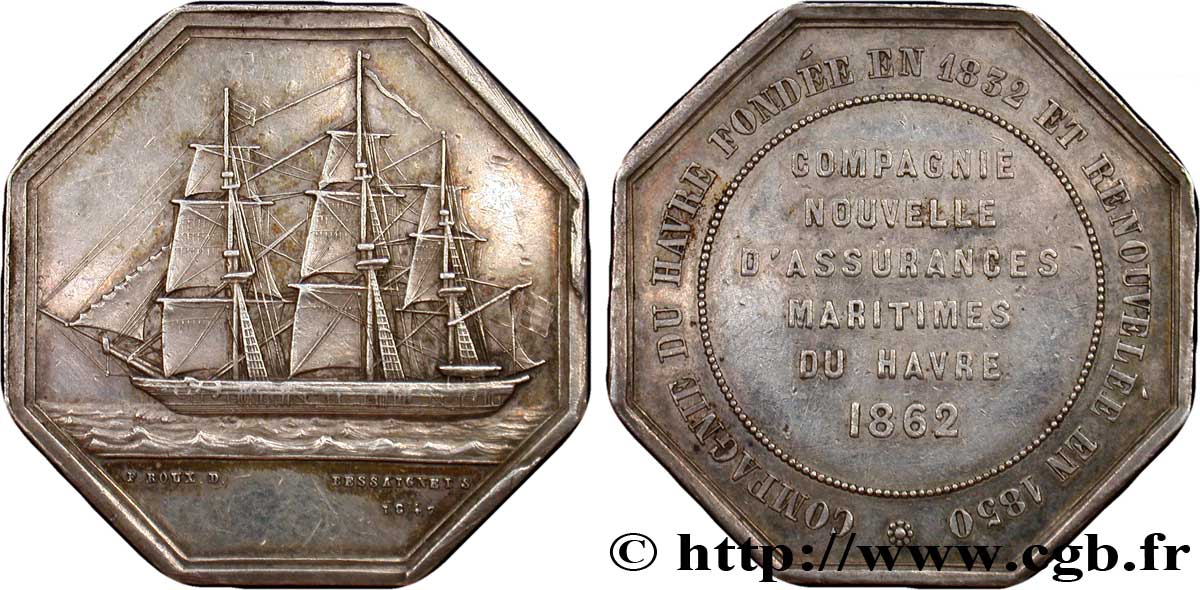 NORMANDY - 19TH CENTURY JETONS OR TOKENS Jeton octogonal Ar 34, Compagnie nouvelle d’assurances maritimes du Havre AU