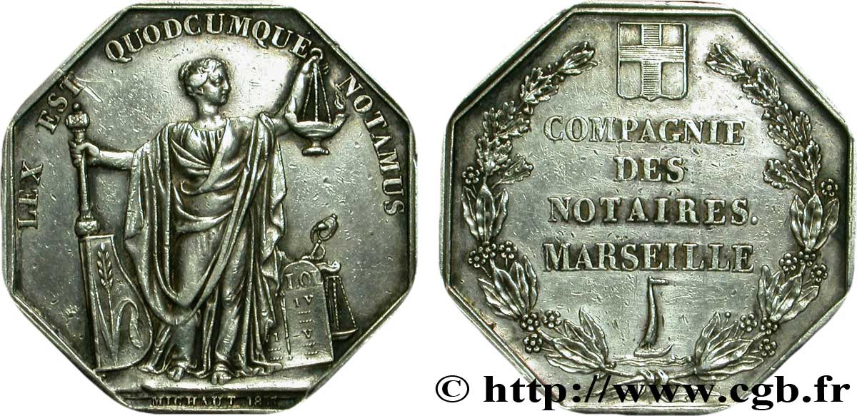 PROVENCE - JETONS ET MÉDAILLES DU XIXe S. Jeton octogonal Ar 31, notaires de Marseille TTB