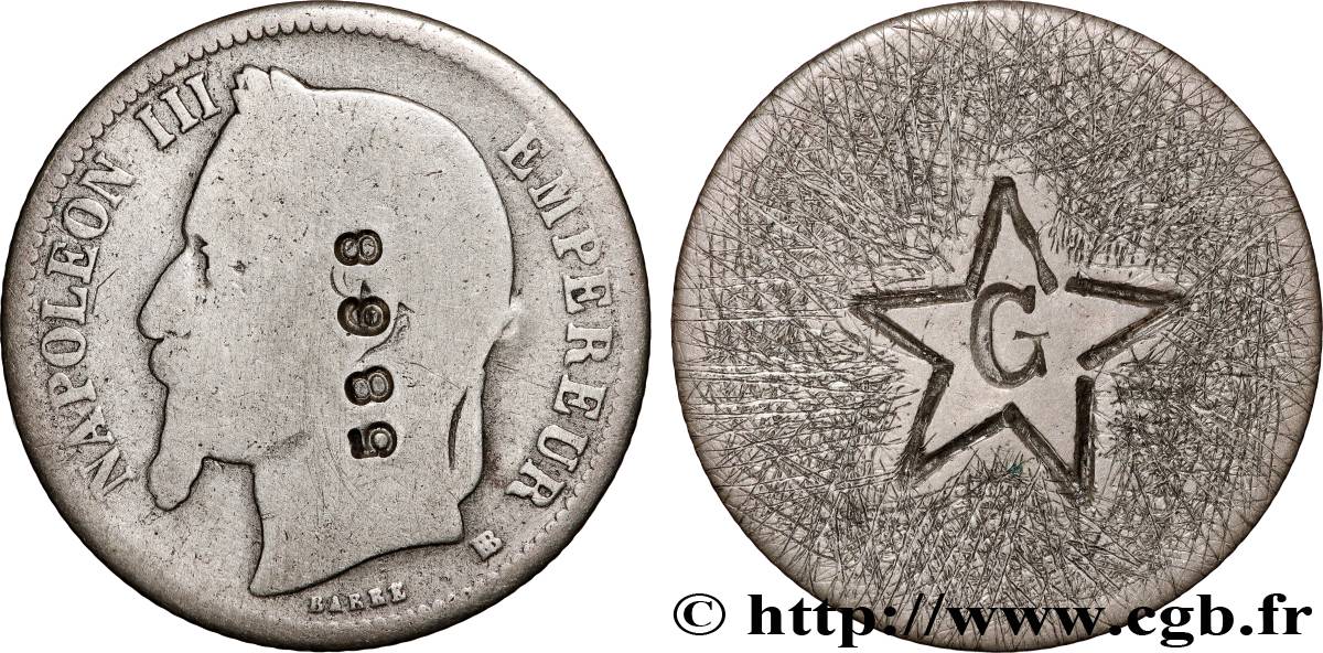 FREEMASONRY 1 franc Napoléon III, tête laurée, contremarqué du G maçonnique VF