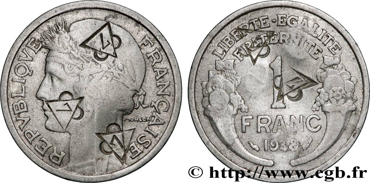 FREEMASONRY 1 franc Morlon, légère, contremarqué triangle 7 XF